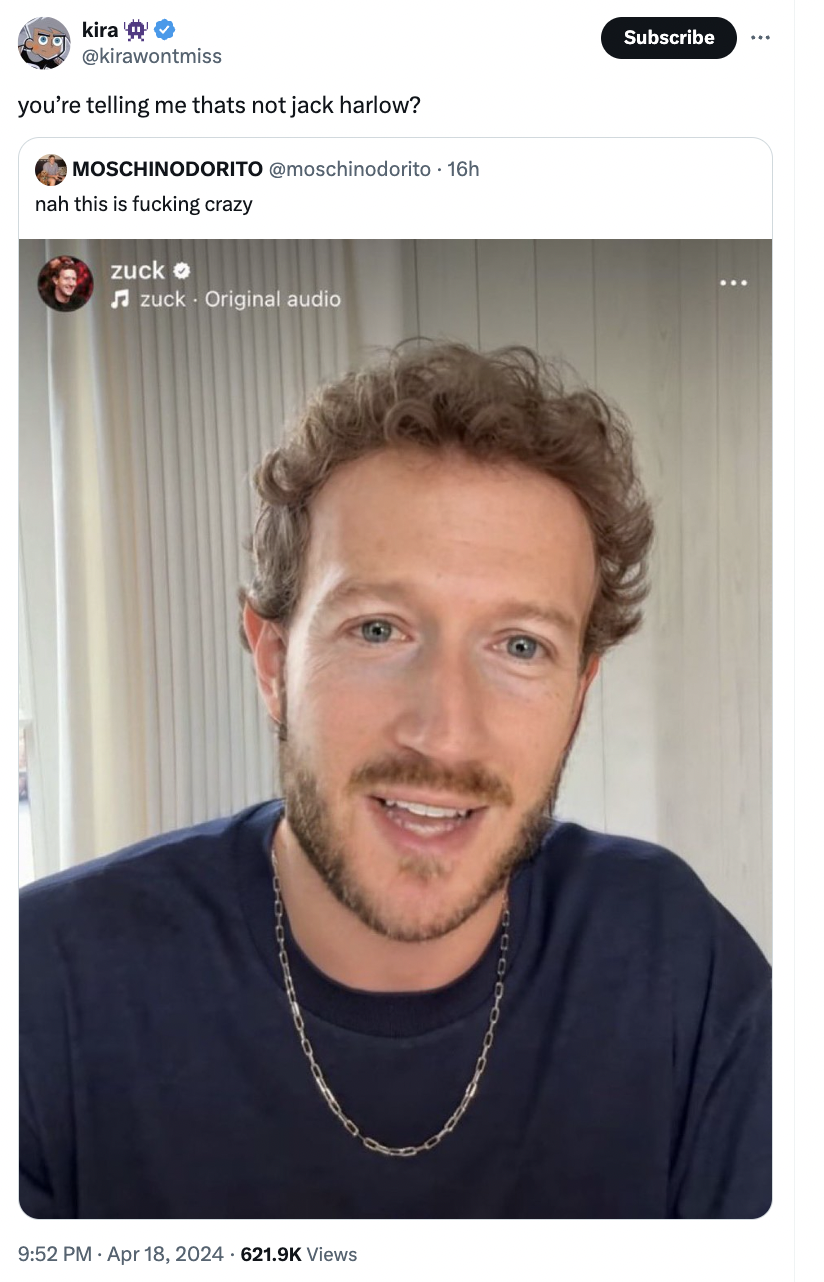 Mark Zuckerberg - kira you're telling me thats not jack harlow? Moschinodorito 16h nah this is fucking crazy zuck o zuckOriginal audio Views Subscribe